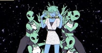 a group of aliens standing around a woman